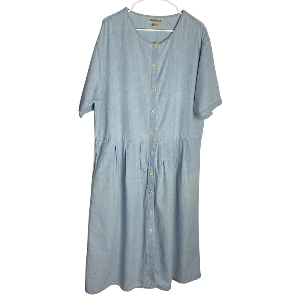 Vintage Smith & Hawken Womens Chambray Dress Size XL Blue Button Front Pockets